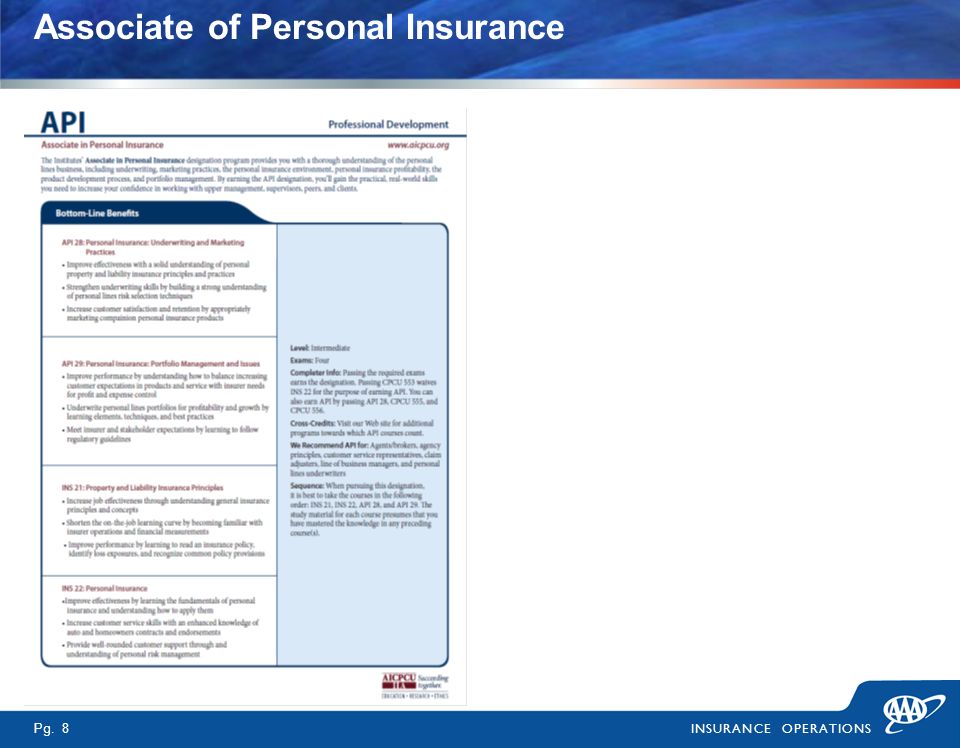 Pg. 8 INSURANCE OPERATIONS Associate of Personal Insurance