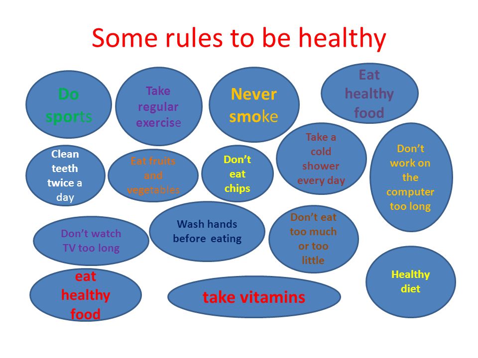 Some rules to be healthy Do sports Eat fruits and vegetables Never smoke Eat healthy food Clean teeth twice a day Take regular exercise Don’t eat chips Take a cold shower every day Don’t work on the computer too long Don’t watch TV too long Wash hands before eating Don’t eat too much or too little Healthy diet eat healthy food take vitamins