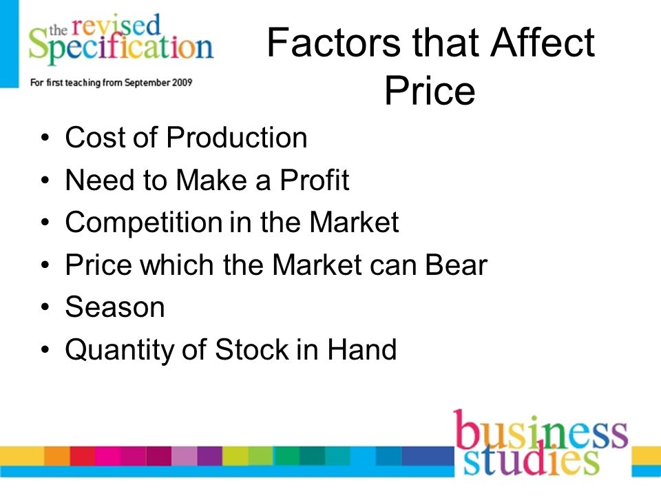 Factors that Affect Price Cost of Production Need to Make a Profit Competition in the Market Price which the Market can Bear Season Quantity of Stock in Hand