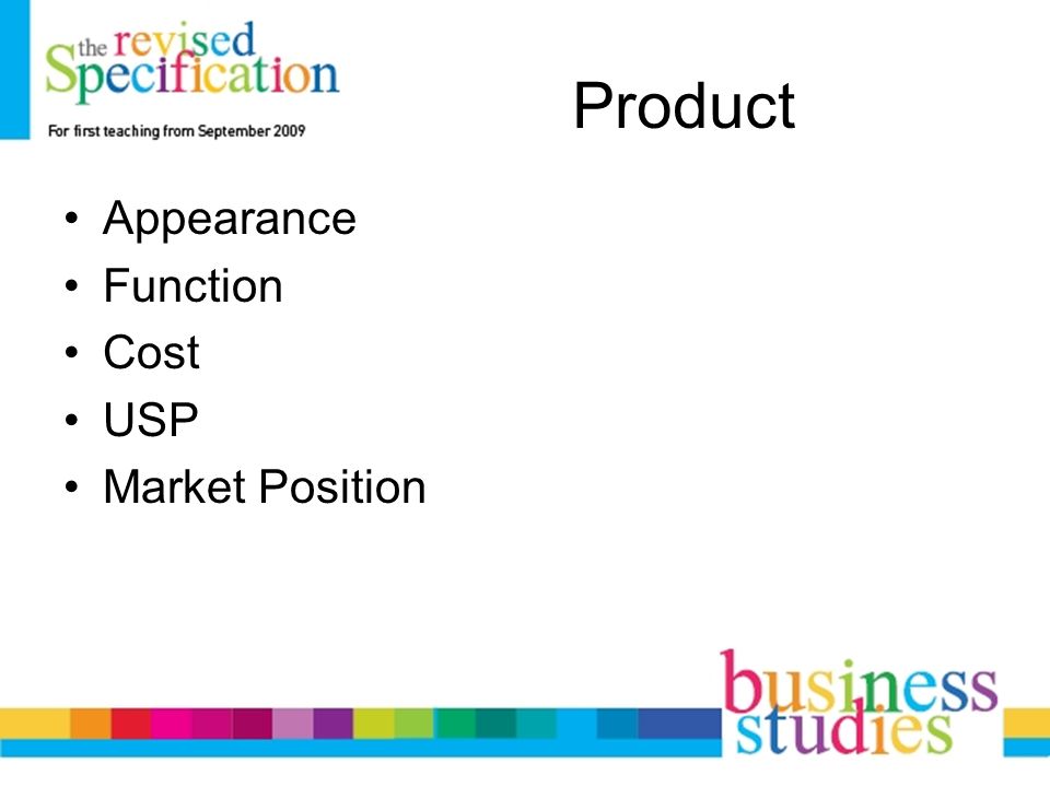 Product Appearance Function Cost USP Market Position