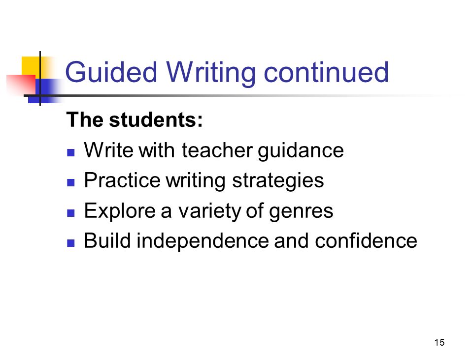 15 Guided Writing continued The students: Write with teacher guidance Practice writing strategies Explore a variety of genres Build independence and confidence