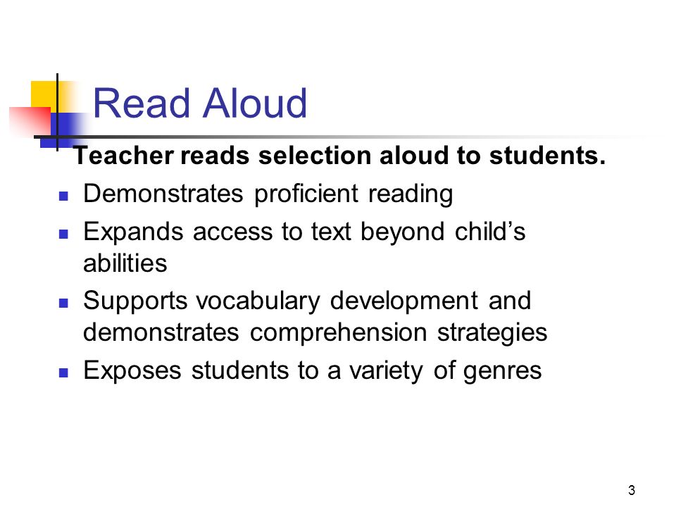 3 Read Aloud Teacher reads selection aloud to students.