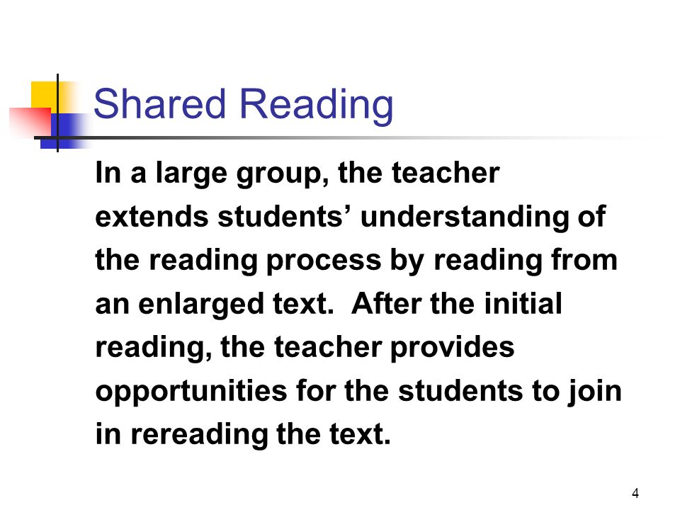 4 Shared Reading In a large group, the teacher extends students’ understanding of the reading process by reading from an enlarged text.