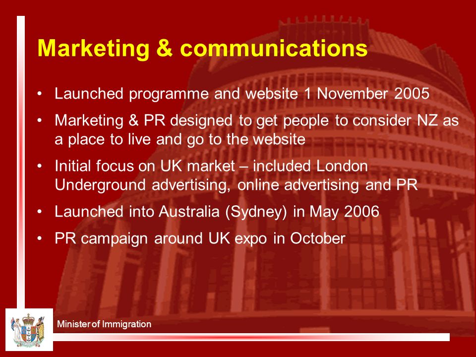 Minister of Immigration Marketing & communications Launched programme and website 1 November 2005 Marketing & PR designed to get people to consider NZ as a place to live and go to the website Initial focus on UK market – included London Underground advertising, online advertising and PR Launched into Australia (Sydney) in May 2006 PR campaign around UK expo in October