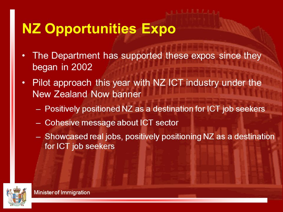 Minister of Immigration NZ Opportunities Expo The Department has supported these expos since they began in 2002 Pilot approach this year with NZ ICT industry under the New Zealand Now banner –Positively positioned NZ as a destination for ICT job seekers –Cohesive message about ICT sector –Showcased real jobs, positively positioning NZ as a destination for ICT job seekers