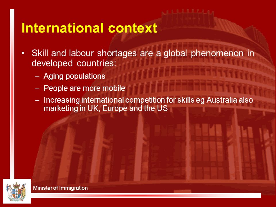 Minister of Immigration International context Skill and labour shortages are a global phenomenon in developed countries: –Aging populations –People are more mobile –Increasing international competition for skills eg Australia also marketing in UK, Europe and the US