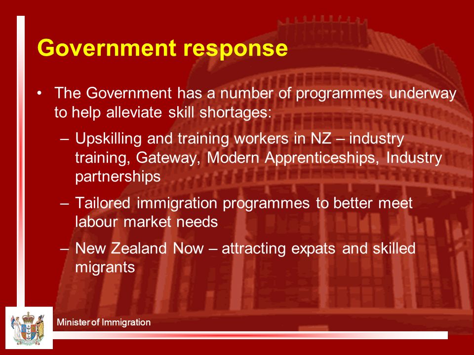 Minister of Immigration Government response The Government has a number of programmes underway to help alleviate skill shortages: –Upskilling and training workers in NZ – industry training, Gateway, Modern Apprenticeships, Industry partnerships –Tailored immigration programmes to better meet labour market needs –New Zealand Now – attracting expats and skilled migrants