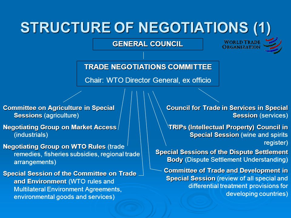 STRUCTURE OF NEGOTIATIONS (1) Committee on Agriculture in Special Sessions Committee on Agriculture in Special Sessions (agriculture) Negotiating Group on Market Access Negotiating Group on Market Access (industrials) Negotiating Group on WTO Rules Negotiating Group on WTO Rules (trade remedies, fisheries subsidies, regional trade arrangements) Special Session of the Committee onTrade and Environment Special Session of the Committee on Trade and Environment (WTO rules and Multilateral Environment Agreements, environmental goods and services) Council for Trade in Services in Special Session Council for Trade in Services in Special Session (services) TRIPs (Intellectual Property) Council in Special Session TRIPs (Intellectual Property) Council in Special Session (wine and spirits register) Special Sessions of the DisputeSettlement Body Special Sessions of the Dispute Settlement Body (Dispute Settlement Understanding) Committee of Trade and Development in Special Session Committee of Trade and Development in Special Session (review of all special and differential treatment provisions for developing countries) GENERAL COUNCIL TRADE NEGOTIATIONS COMMITTEE Chair: WTO Director General, ex officio