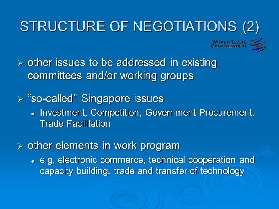 STRUCTURE OF NEGOTIATIONS (2)  other issues to be addressed in existing committees and/or working groups  so-called Singapore issues Investment, Competition, Government Procurement, Trade Facilitation Investment, Competition, Government Procurement, Trade Facilitation  other elements in work program e.g.