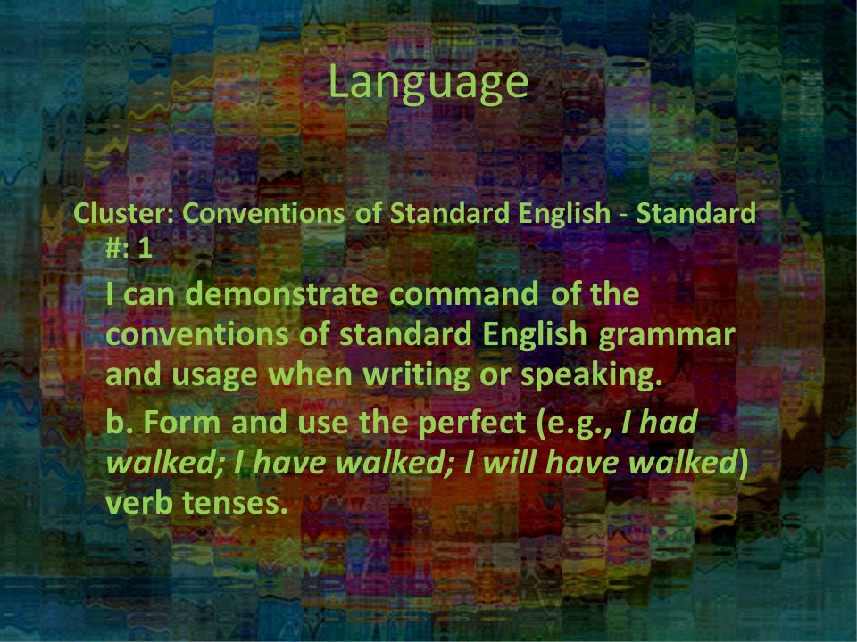 Cluster: Conventions of Standard English - Standard #: 1 I can demonstrate command of the conventions of standard English grammar and usage when writing or speaking.