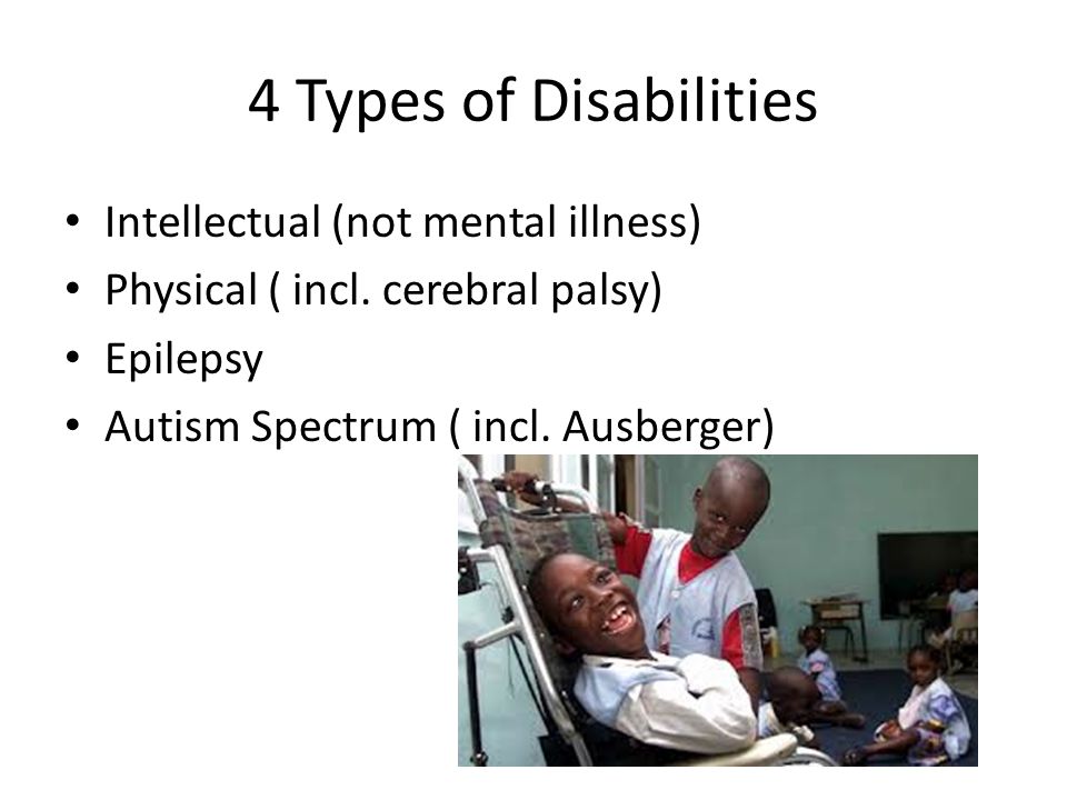 4 Types of Disabilities Intellectual (not mental illness) Physical ( incl.