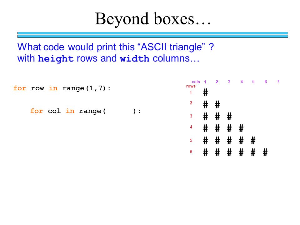 Beyond boxes… # # # # # # # # # # # # # # What code would print this ASCII triangle .