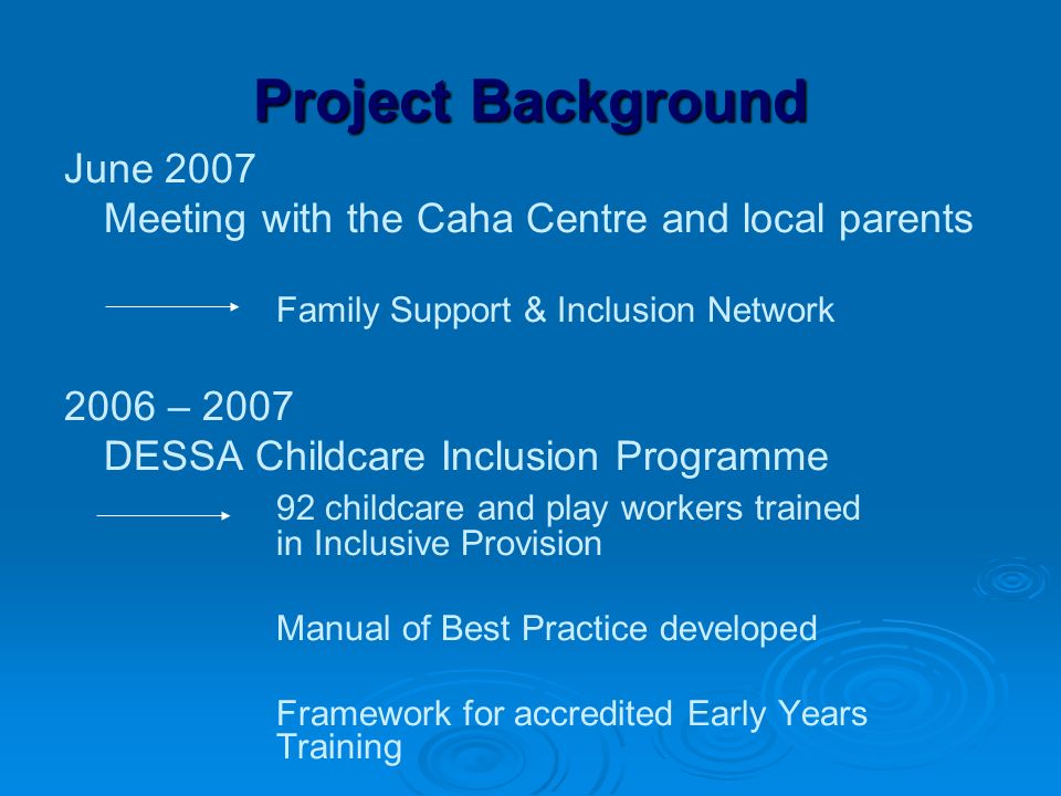 Project Background June 2007 Meeting with the Caha Centre and local parents Family Support & Inclusion Network 2006 – 2007 DESSA Childcare Inclusion Programme 92 childcare and play workers trained in Inclusive Provision Manual of Best Practice developed Framework for accredited Early Years Training