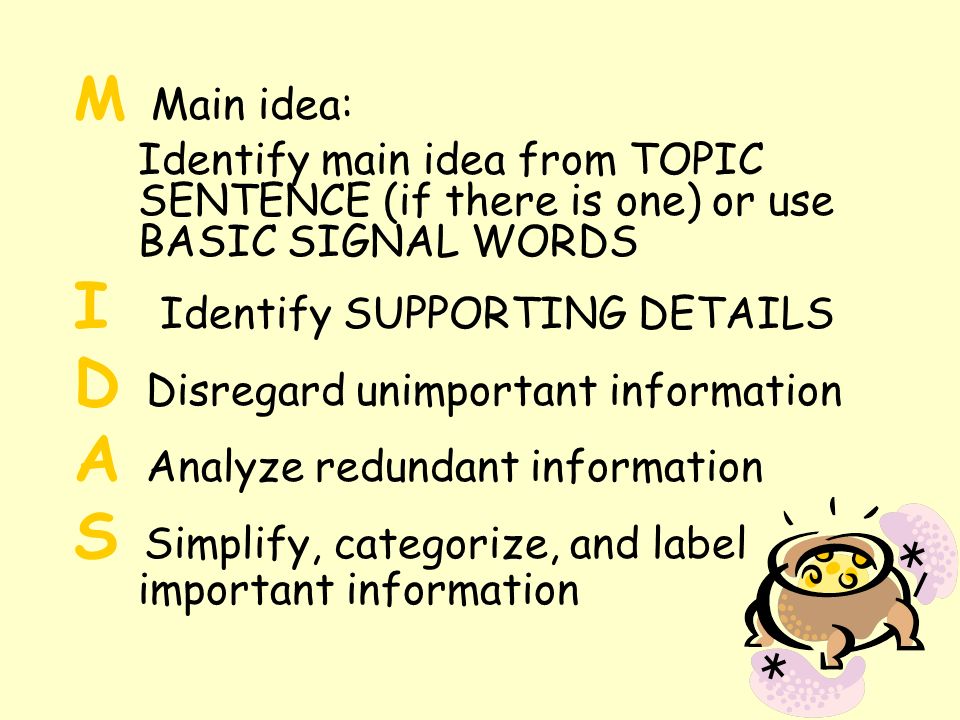 M Main idea: Identify main idea from TOPIC SENTENCE (if there is one) or use BASIC SIGNAL WORDS I Identify SUPPORTING DETAILS D Disregard unimportant information A Analyze redundant information S Simplify, categorize, and label important information