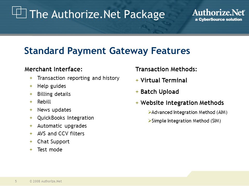 © 2008 Authorize.Net5 The Authorize.Net Package Merchant Interface: +Transaction reporting and history +Help guides +Billing details +Rebill +News updates +QuickBooks Integration +Automatic upgrades +AVS and CCV filters +Chat Support +Test mode Transaction Methods: + Virtual Terminal + Batch Upload + Website Integration Methods  Advanced Integration Method (AIM)  Simple Integration Method (SIM) Standard Payment Gateway Features