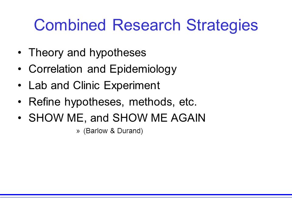 Combined Research Strategies Theory and hypotheses Correlation and Epidemiology Lab and Clinic Experiment Refine hypotheses, methods, etc.
