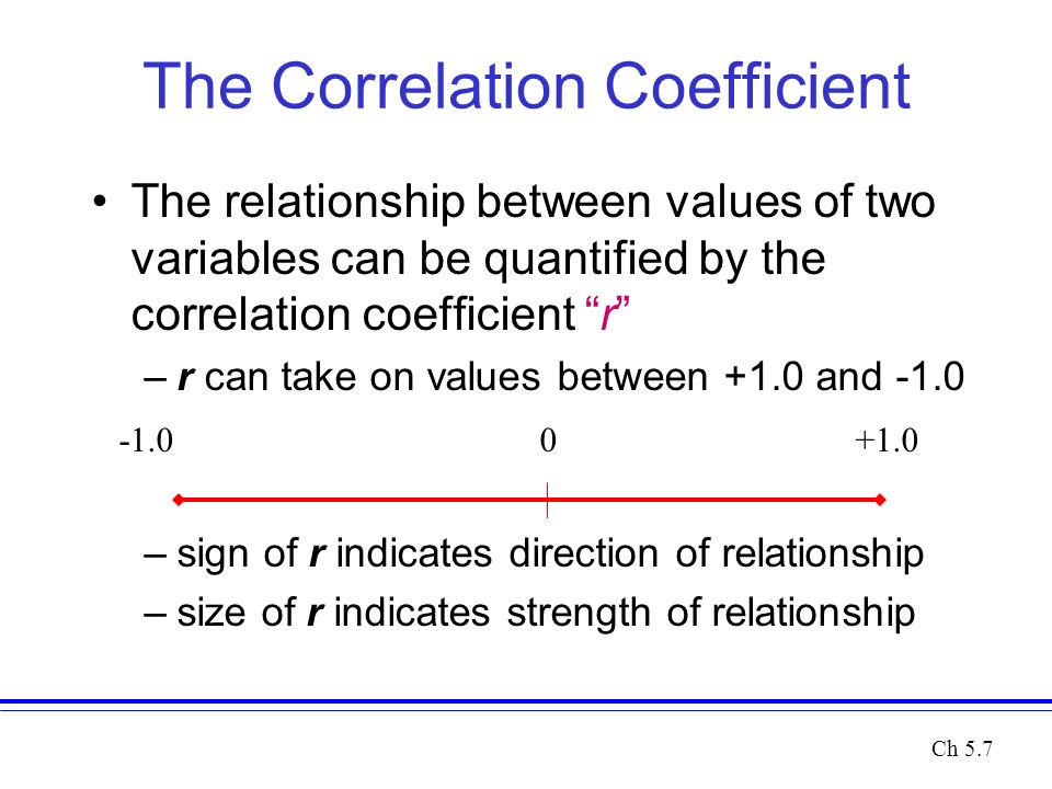 The Correlation Coefficient The relationship between values of two variables can be quantified by the correlation coefficient r –r can take on values between +1.0 and -1.0 –sign of r indicates direction of relationship –size of r indicates strength of relationship Ch 5.7