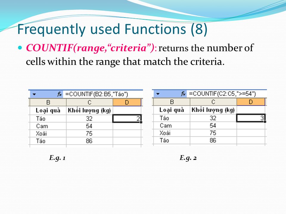 Frequently used Functions (8) COUNTIF(range, criteria ): r eturns the number of cells within the range that match the criteria.