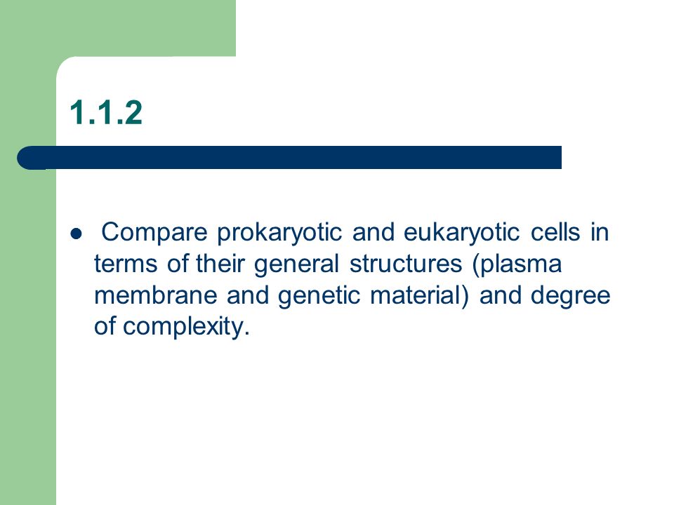 1.1.2 Compare prokaryotic and eukaryotic cells in terms of their general structures (plasma membrane and genetic material) and degree of complexity.
