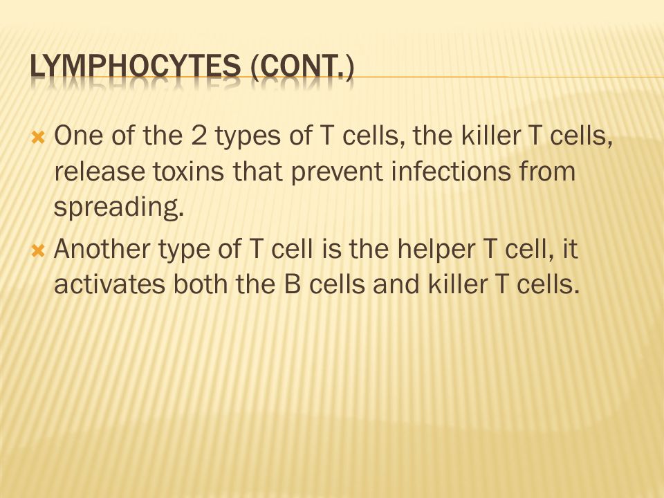  One of the 2 types of T cells, the killer T cells, release toxins that prevent infections from spreading.
