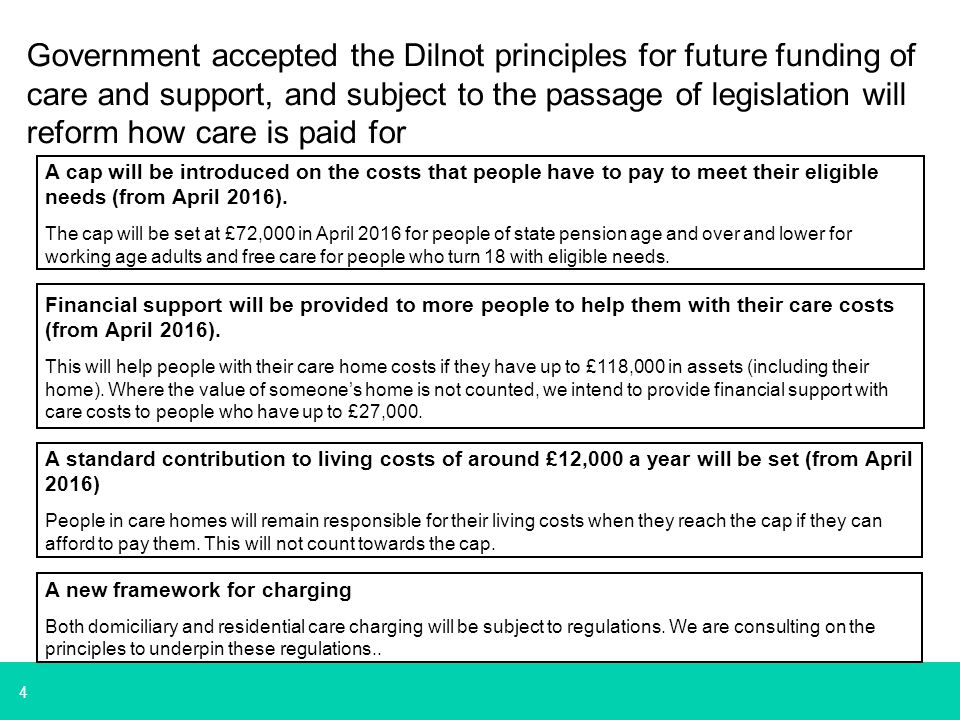 4 Government accepted the Dilnot principles for future funding of care and support, and subject to the passage of legislation will reform how care is paid for A standard contribution to living costs of around £12,000 a year will be set (from April 2016) People in care homes will remain responsible for their living costs when they reach the cap if they can afford to pay them.