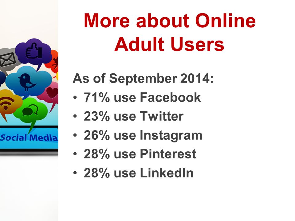 More about Online Adult Users As of September 2014: 71% use Facebook 23% use Twitter 26% use Instagram 28% use Pinterest 28% use LinkedIn