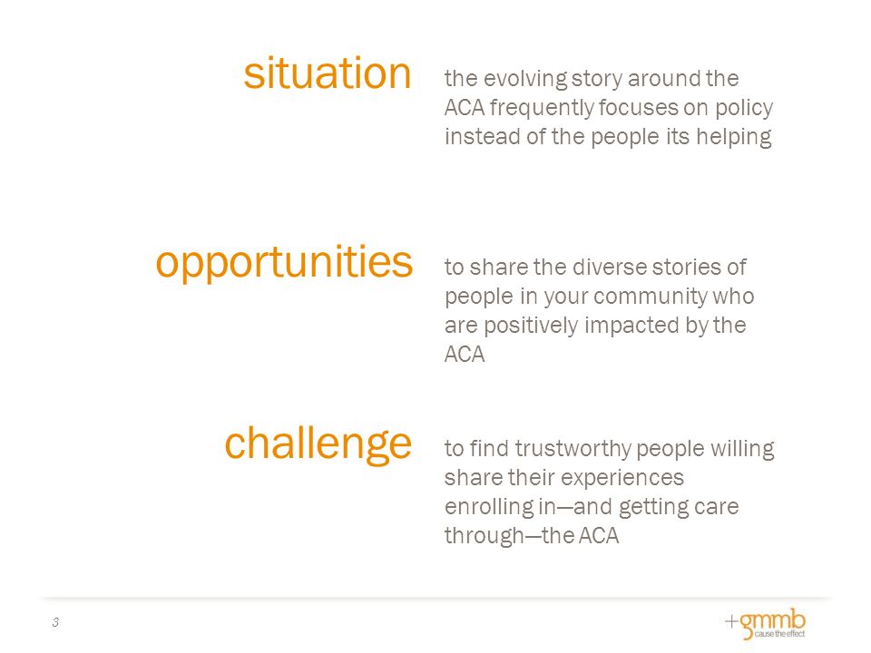 the evolving story around the ACA frequently focuses on policy instead of the people its helping opportunities challenge situation to share the diverse stories of people in your community who are positively impacted by the ACA to find trustworthy people willing share their experiences enrolling in—and getting care through—the ACA 3
