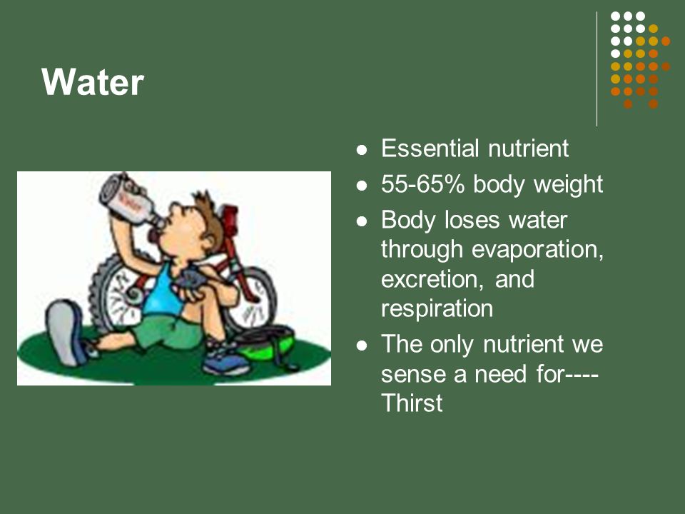 Water Essential nutrient 55-65% body weight Body loses water through evaporation, excretion, and respiration The only nutrient we sense a need for---- Thirst