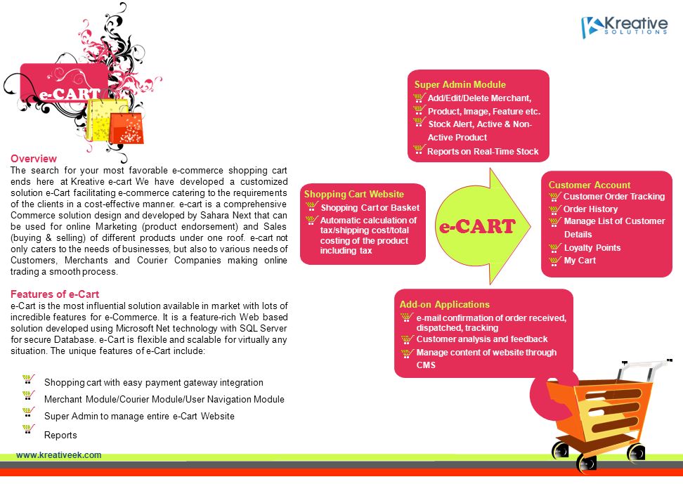 e-CART Overview The search for your most favorable e-commerce shopping cart ends here at Kreative e-cart We have developed a customized solution e-Cart facilitating e-commerce catering to the requirements of the clients in a cost-effective manner.