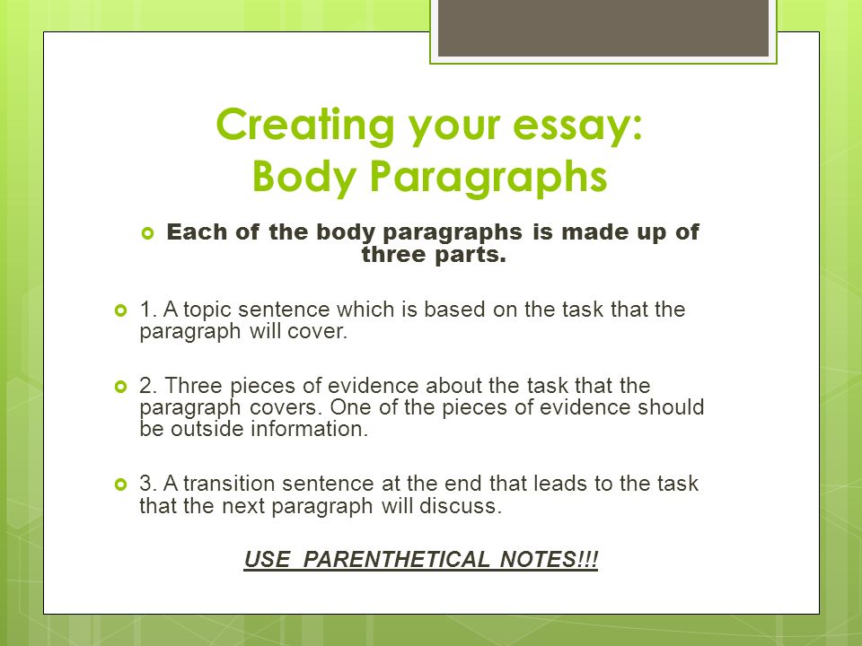 Creating your essay: Body Paragraphs  Each of the body paragraphs is made up of three parts.