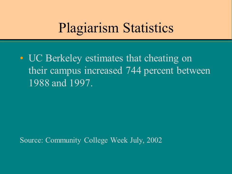 Plagiarism Statistics UC Berkeley estimates that cheating on their campus increased 744 percent between 1988 and 1997.