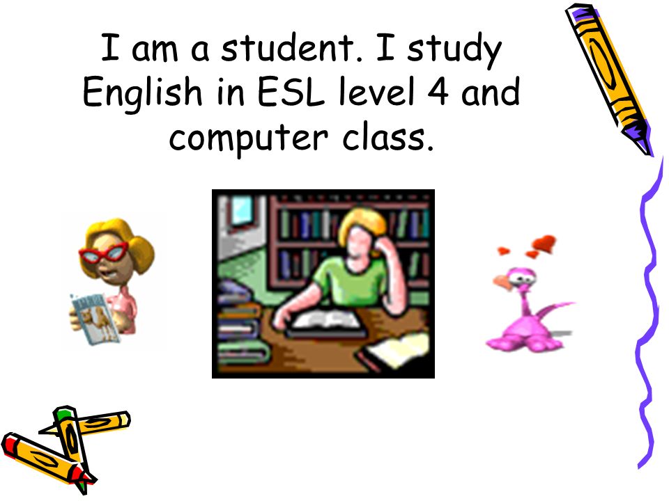 I am a student. I study English in ESL level 4 and computer class.