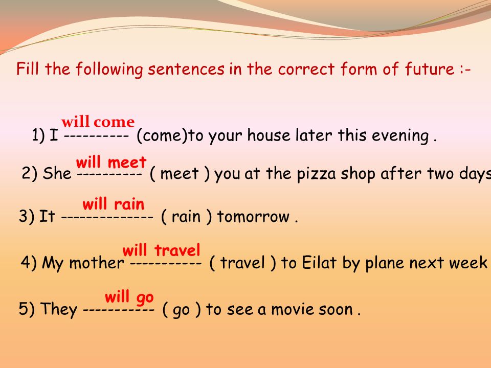 Fill the following sentences in the correct form of future :- 1) I (come)to your house later this evening.