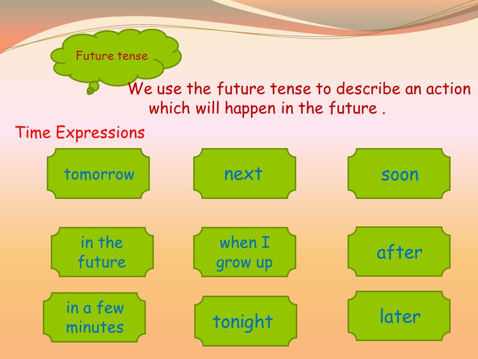 Future tense We use the future tense to describe an action which will happen in the future.