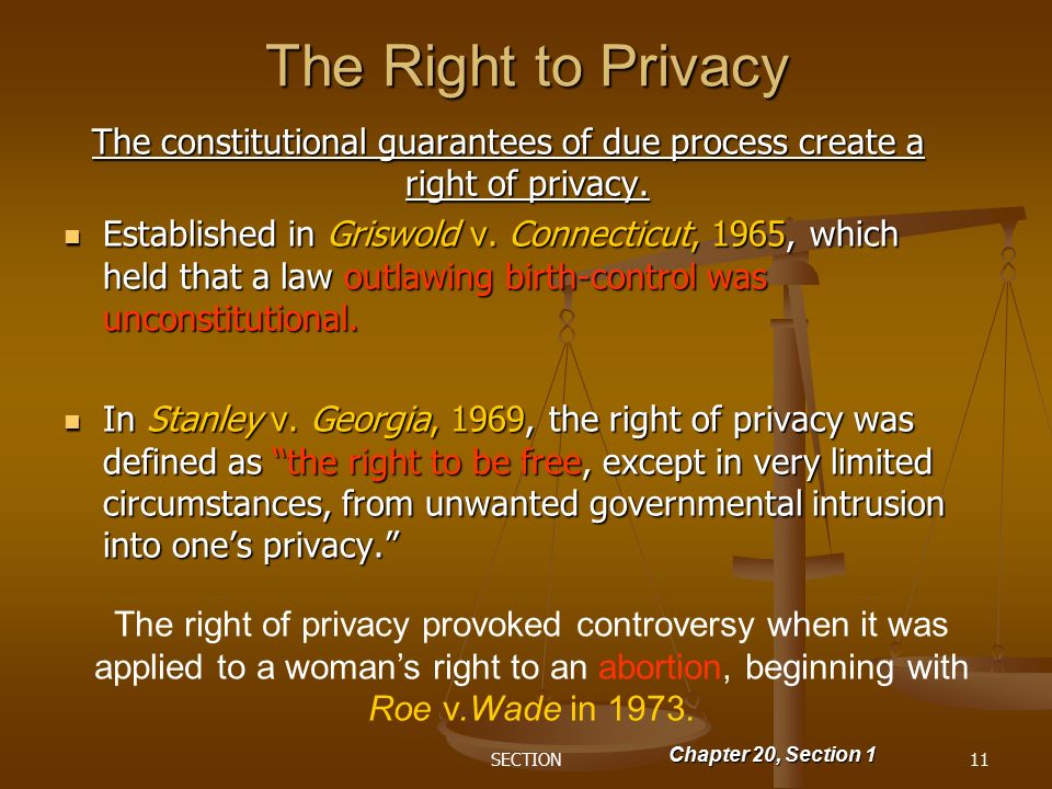 SECTION11 The Right to Privacy The constitutional guarantees of due process create a right of privacy.