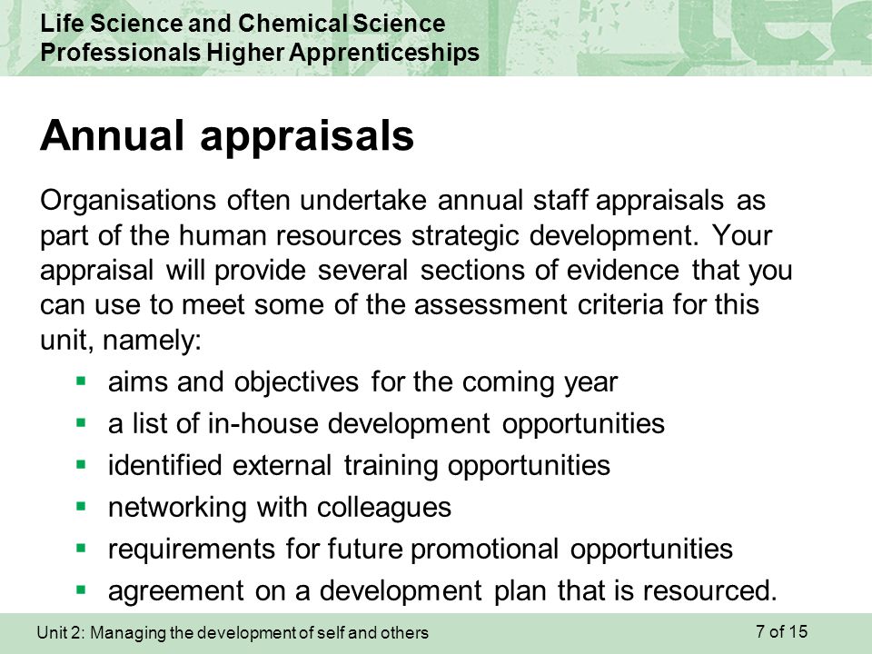 Unit 2: Managing the development of self and others Life Science and Chemical Science Professionals Higher Apprenticeships Organisations often undertake annual staff appraisals as part of the human resources strategic development.