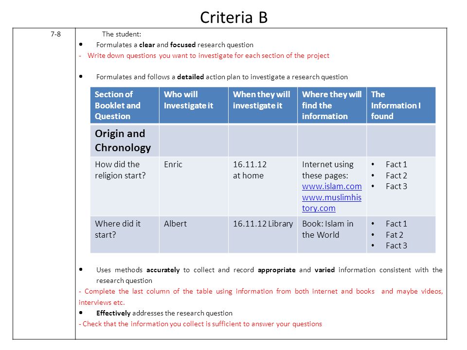 Criteria B 7-8The student:  Formulates a clear and focused research question -Write down questions you want to investigate for each section of the project  Formulates and follows a detailed action plan to investigate a research question  Uses methods accurately to collect and record appropriate and varied information consistent with the research question - Complete the last column of the table using information from both internet and books and maybe videos, interviews etc.