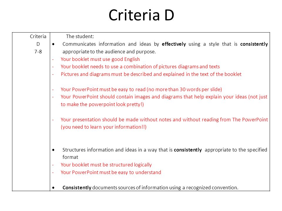 Criteria D 7-8 The student:  Communicates information and ideas by effectively using a style that is consistently appropriate to the audience and purpose.