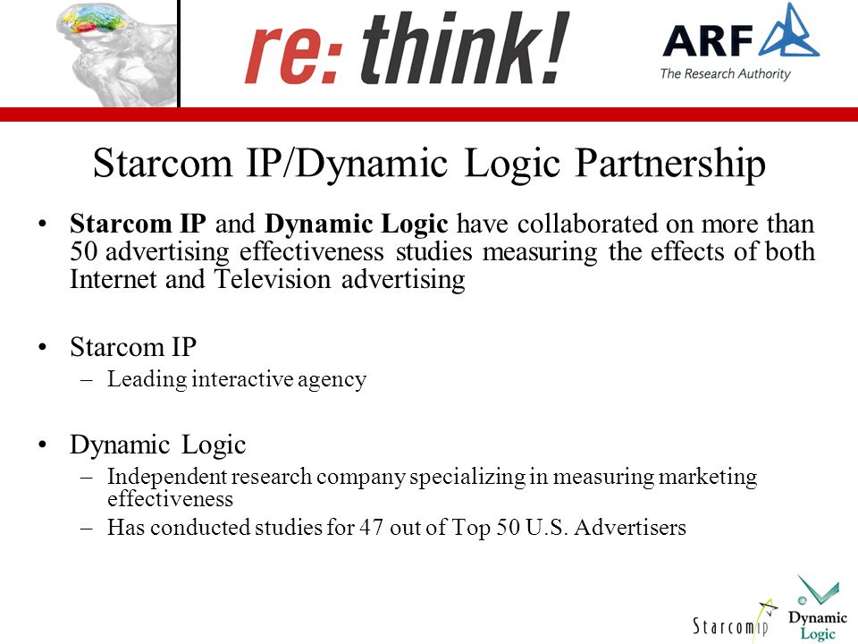 Starcom IP/Dynamic Logic Partnership Starcom IP and Dynamic Logic have collaborated on more than 50 advertising effectiveness studies measuring the effects of both Internet and Television advertising Starcom IP –Leading interactive agency Dynamic Logic –Independent research company specializing in measuring marketing effectiveness –Has conducted studies for 47 out of Top 50 U.S.