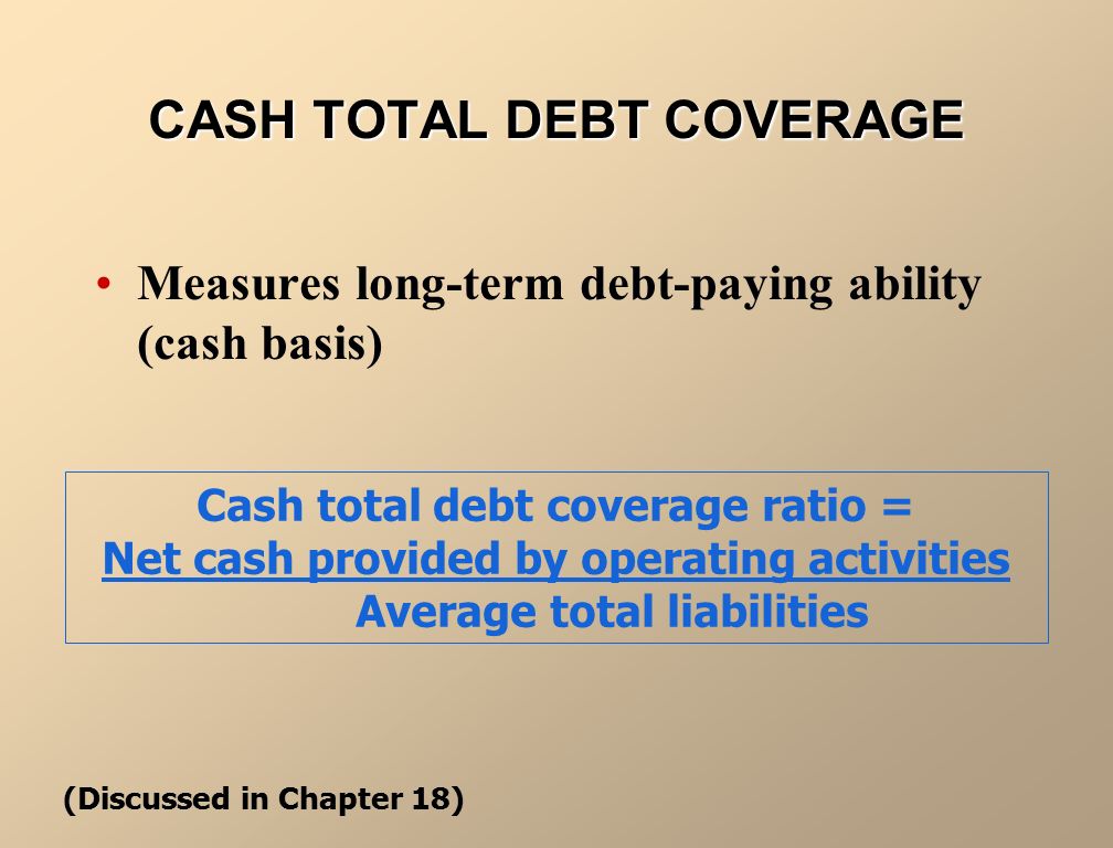 DEBT TO TOTAL ASSETS Measures % of total assets provided by creditors Debt to total assets = Total liabilities Total assets (Discussed in Chapter 16)