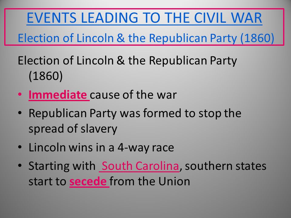 EVENTS LEADING TO THE CIVIL WAR Election of Lincoln & the Republican Party (1860) Election of Lincoln & the Republican Party (1860) Immediate cause of the war Republican Party was formed to stop the spread of slavery Lincoln wins in a 4-way race Starting with South Carolina, southern states start to secede from the Union
