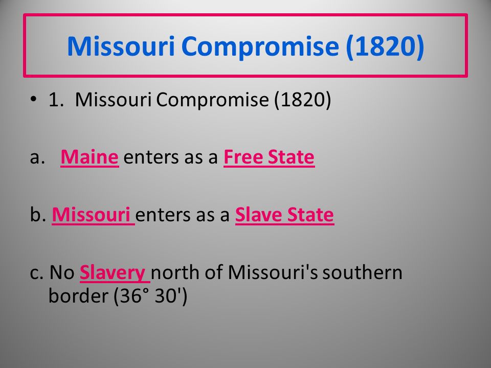 Missouri Compromise (1820) 1. Missouri Compromise (1820) a.