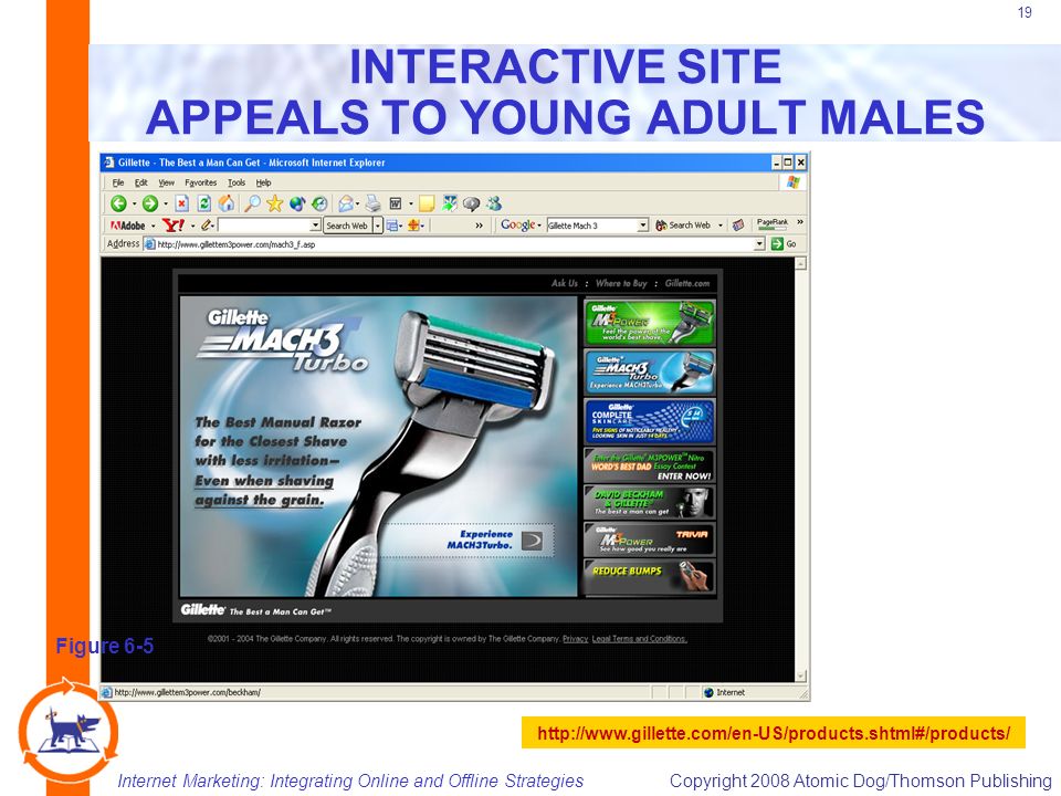 Internet Marketing: Integrating Online and Offline StrategiesCopyright 2008 Atomic Dog/Thomson Publishing 19 INTERACTIVE SITE APPEALS TO YOUNG ADULT MALES Figure 6-5