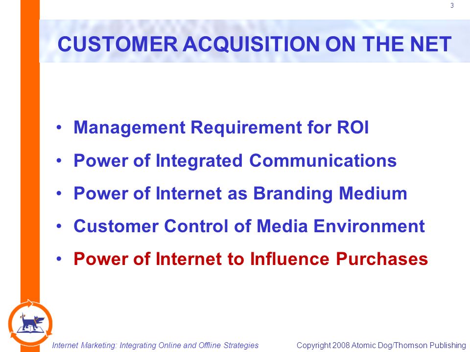 Internet Marketing: Integrating Online and Offline StrategiesCopyright 2008 Atomic Dog/Thomson Publishing 3 CUSTOMER ACQUISITION ON THE NET Management Requirement for ROI Power of Integrated Communications Power of Internet as Branding Medium Customer Control of Media Environment Power of Internet to Influence Purchases