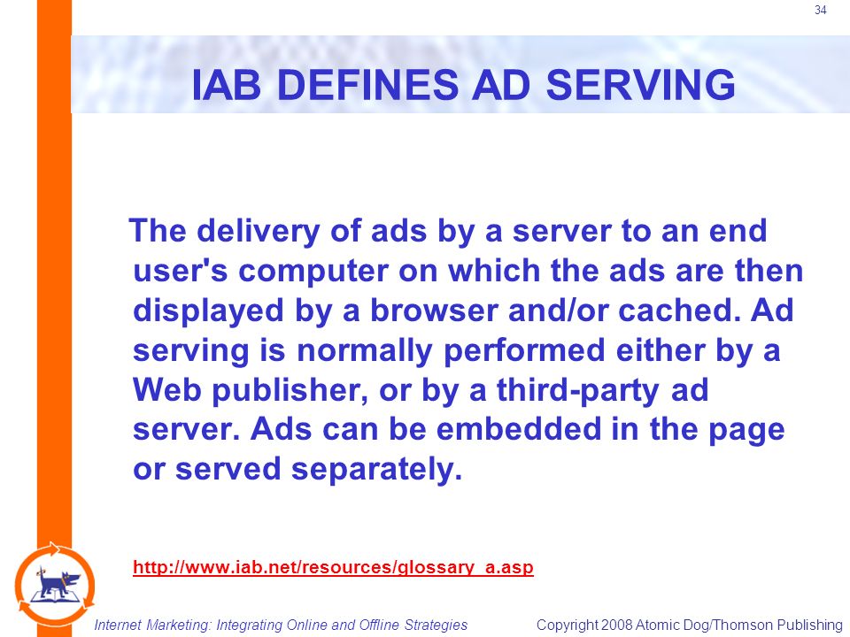 Internet Marketing: Integrating Online and Offline StrategiesCopyright 2008 Atomic Dog/Thomson Publishing 34 IAB DEFINES AD SERVING The delivery of ads by a server to an end user s computer on which the ads are then displayed by a browser and/or cached.
