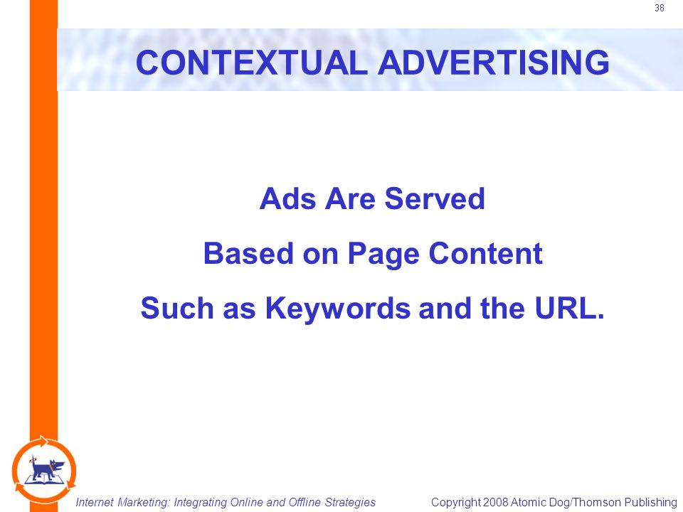 Internet Marketing: Integrating Online and Offline StrategiesCopyright 2008 Atomic Dog/Thomson Publishing 38 CONTEXTUAL ADVERTISING Ads Are Served Based on Page Content Such as Keywords and the URL.
