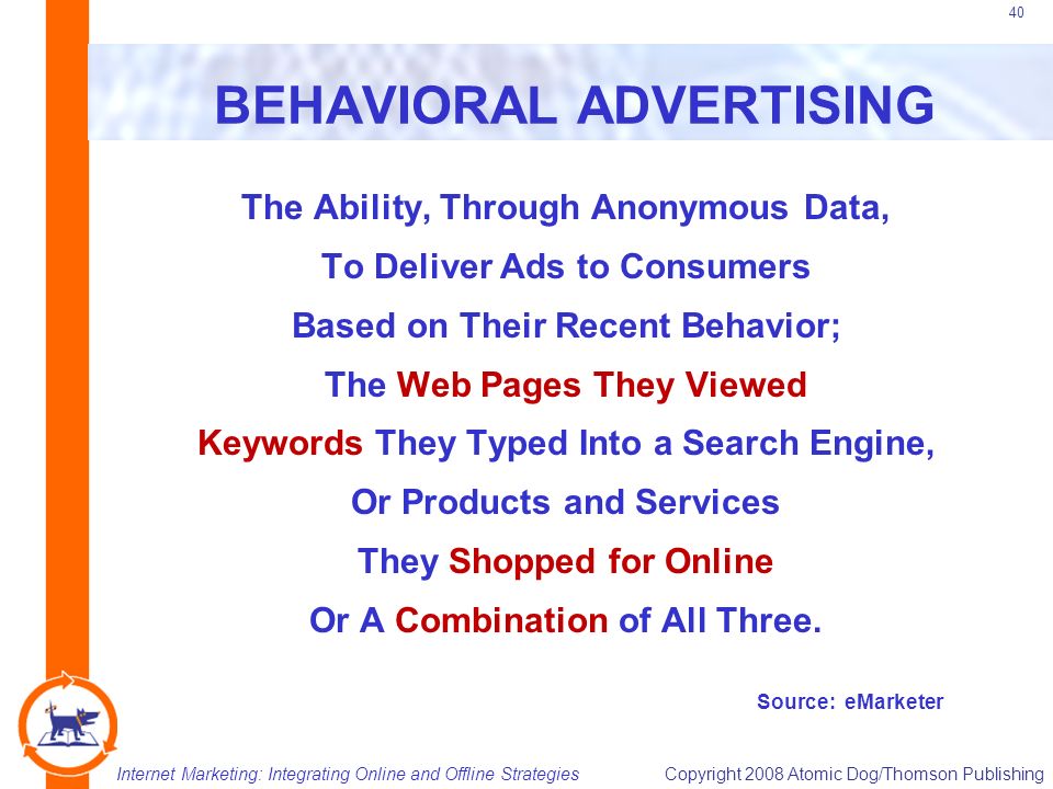 Internet Marketing: Integrating Online and Offline StrategiesCopyright 2008 Atomic Dog/Thomson Publishing 40 BEHAVIORAL ADVERTISING The Ability, Through Anonymous Data, To Deliver Ads to Consumers Based on Their Recent Behavior; The Web Pages They Viewed Keywords They Typed Into a Search Engine, Or Products and Services They Shopped for Online Or A Combination of All Three.