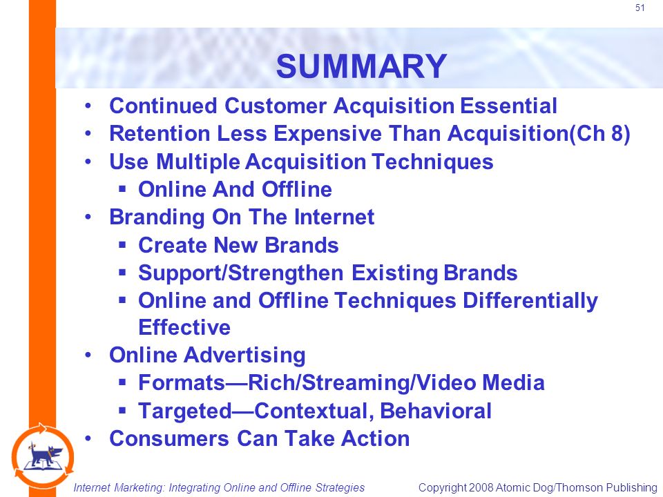 Internet Marketing: Integrating Online and Offline StrategiesCopyright 2008 Atomic Dog/Thomson Publishing 51 SUMMARY Continued Customer Acquisition Essential Retention Less Expensive Than Acquisition(Ch 8) Use Multiple Acquisition Techniques  Online And Offline Branding On The Internet  Create New Brands  Support/Strengthen Existing Brands  Online and Offline Techniques Differentially Effective Online Advertising  Formats—Rich/Streaming/Video Media  Targeted—Contextual, Behavioral Consumers Can Take Action