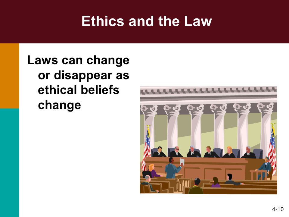 4-10 Ethics and the Law Laws can change or disappear as ethical beliefs change