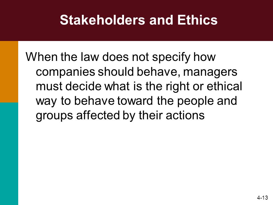 4-13 Stakeholders and Ethics When the law does not specify how companies should behave, managers must decide what is the right or ethical way to behave toward the people and groups affected by their actions